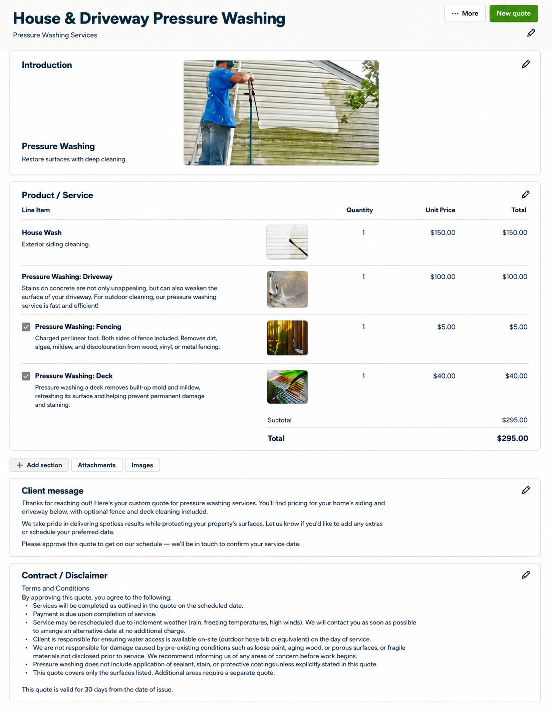 Jobber's pre-built "House & Driveway Pressure Washing" quote template with pre-priced line items